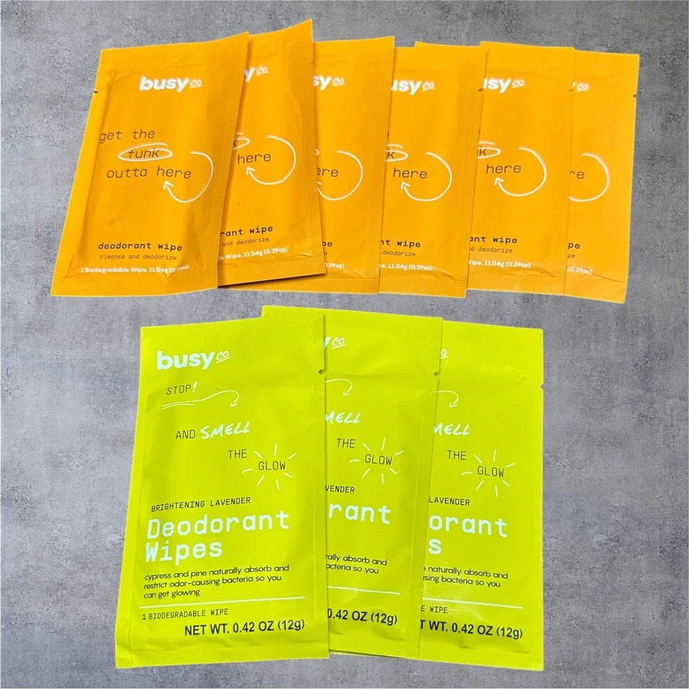 Busy Co Deodorant Wipes Unisex 9 Pack Orange Lime Green New Biodegradable Travel